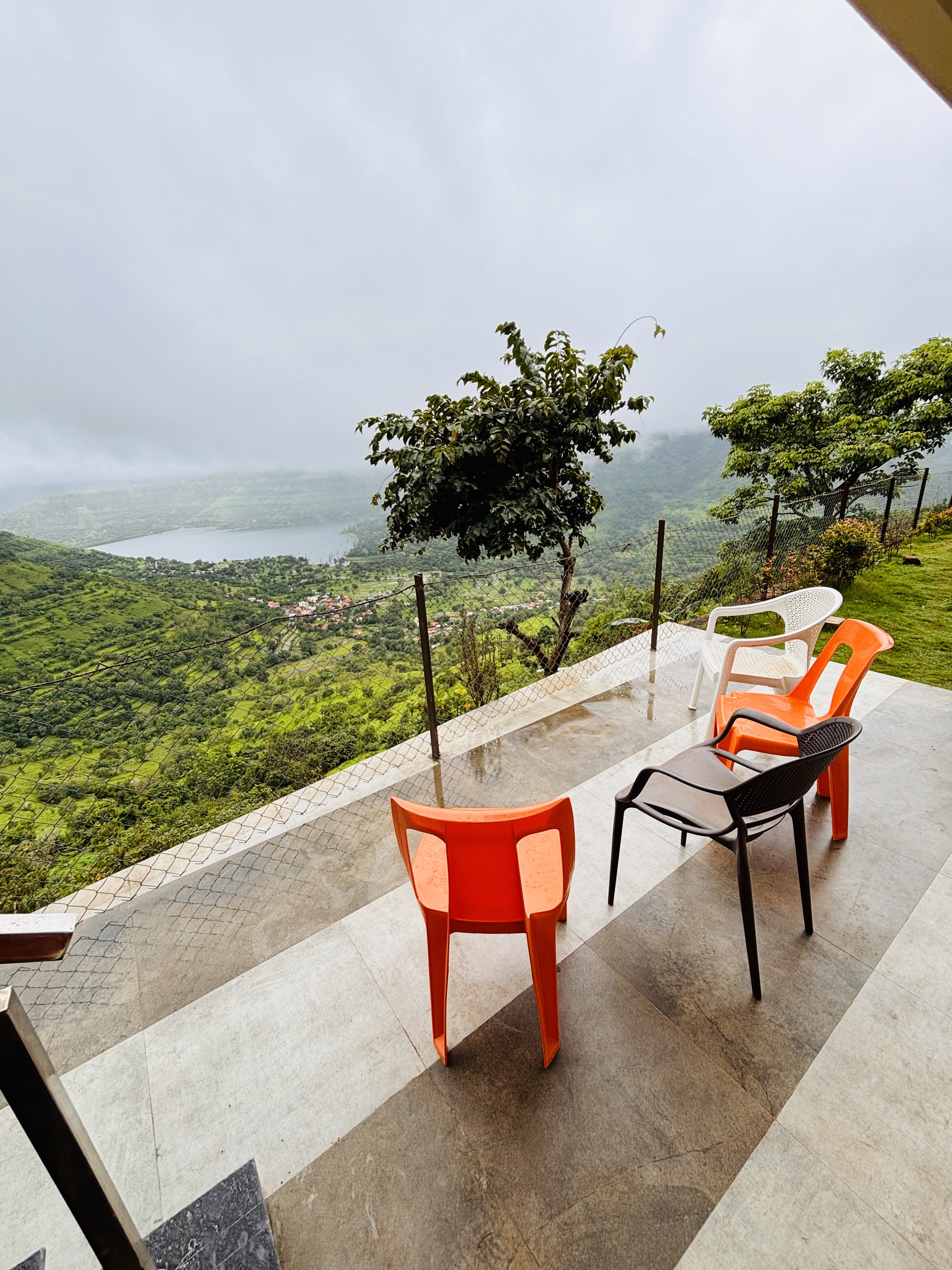 Open terrace with valley and Mahu Dam panorama at Panchgani homestay